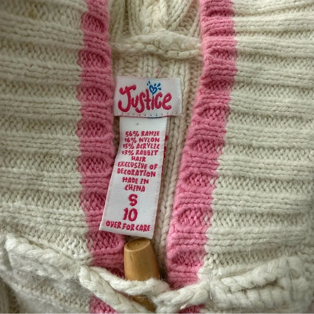 Justice Youth Girls y2k Cream and Pink Hooded Cardigan with Toggle Closures